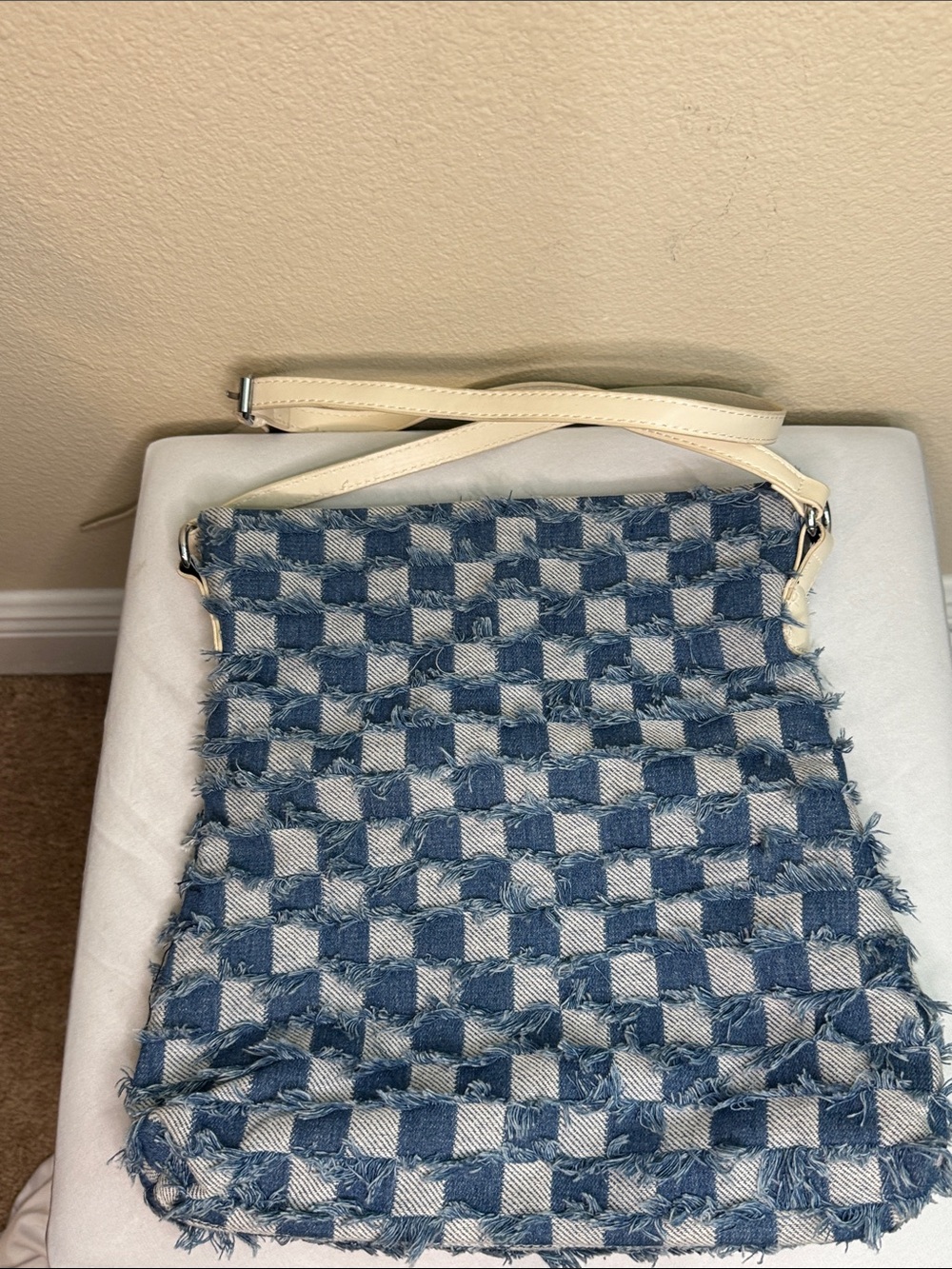 Denim Check Fringe Crossbody Bag with Cream Strap